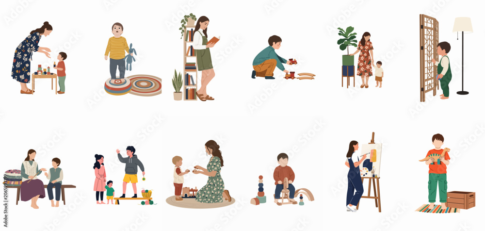 Fototapeta premium Flat vector illustration set of diverse children and parents engaged in indoor activities, including playing, reading, painting, and learning at home.