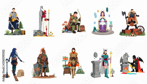 Tableau sur toile Collection of diverse fantasy RPG character classes including knights, mages, archers, and warriors in a flat vector illustration style isolated on white