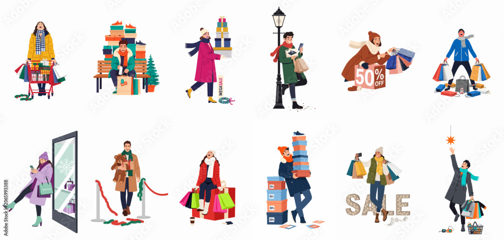 Fototapeta premium Set of diverse people enjoying winter holiday shopping with colorful bags and gift boxes, ideal for seasonal sale and retail promotions.