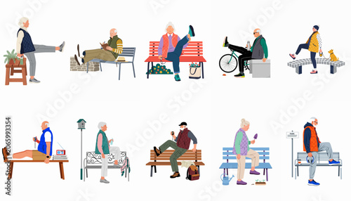 Flat vector illustration set of active senior citizens enjoying diverse outdoor leisure activities and relaxation in a park setting.