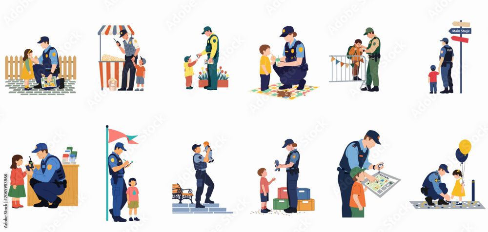 Fototapeta premium Vector illustration set of police officers helping and interacting with children at public events and outdoor locations.