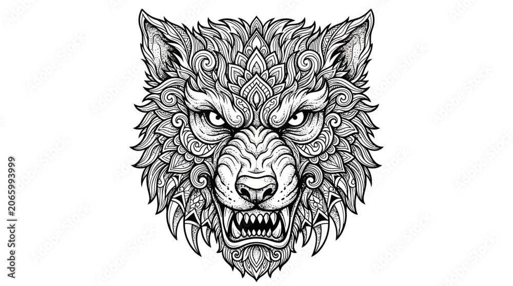 Obraz premium Intricate Wolf Head Mandala Art, Fierce Animal Illustration, Black and White Design