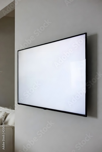 Large Flat Screen Television with Blank White Display for Advertising, Marketing and Digital Presentations. High-quality professional photograph featuring a modern large-screen television 