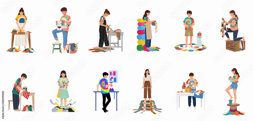 Fototapeta premium Illustration set of diverse young people engaged in creative crafts including tie-dyeing, sewing, and gift wrapping with colorful fabrics and unity themes.