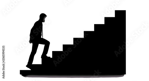 Fotografi Ascending to Success: A lone businessman silhouette ascends a staircase, symbolizing ambition, progress, and the pursuit of goals in a stark, minimalist composition