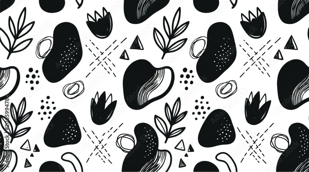 Fototapeta premium Black and white avocado illustration pattern.