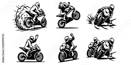Set of six black and white icons depicting motorcyclists in various dynamic poses, perfect for graphic design projects with a bold and adventurous mood, against a clean white background.