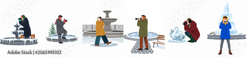 Fotografie Vector illustration set featuring various people taking photographs of frozen fountains and ice sculptures in a winter outdoor setting