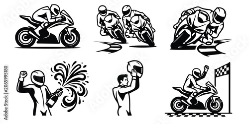 A set of six black and white icons depicting motorcyclists in various racing poses and celebration graphics, perfect for editorial or commercial use, showcasing dynamic illustrations with bold lines
