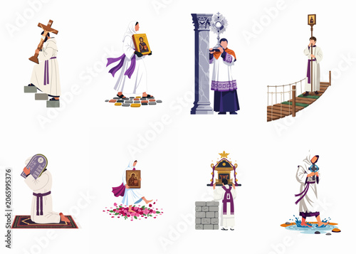 Photos Collection of flat vector illustrations depicting religious figures and monks in white robes performing various spiritual rituals and acts of faith