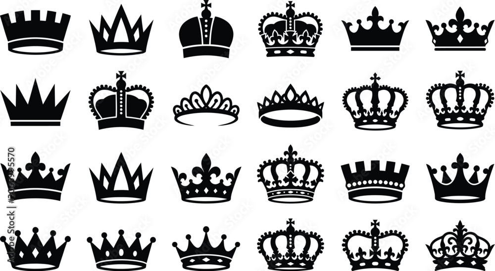 Obraz premium Hand drawn crown icons set black silhouettes on white background