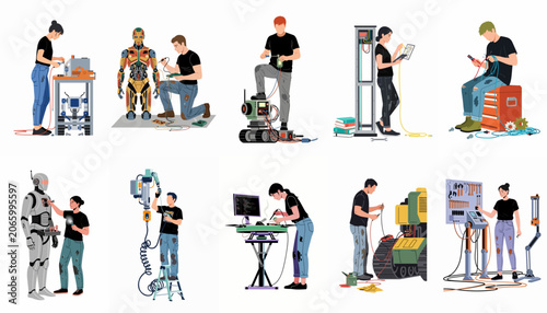 Konstfotografi Flat vector illustration set of diverse engineers and technicians repairing, assembling, and programming various robots, drones, and advanced electronic systems
