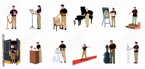 Cuadro en lienzo Set of diverse event staff and concert ushers performing various roles at a venue, including ticket scanning, guest assistance, and stage management