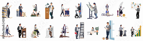 Картината върху платно Collection of professional illustrations representing patent law, legal services, intellectual property, architecture, business growth, and administrative office work in a modern flat style