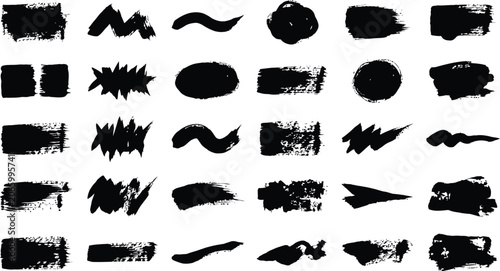 Hand drawn brush strokes and shapes set black ink illustrations