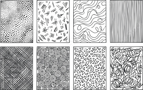 Hand drawn patterns and textures set black and white illustrations