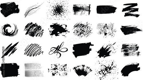 Hand drawn brush strokes collection ink textures artistic smears and black paint splatters