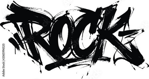 Hand drawn rock music graffiti with bold black brush strokes on white background