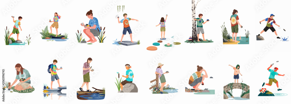 Naklejka premium Collection of flat illustrations showing young people in tie-dye shirts skipping stones, stacking pebbles, and exploring nature by rivers and ponds.