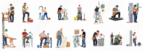 Foto Diverse set of professional male workers and craftsmen performing various manual tasks, industrial jobs, and technical repairs in flat illustration style