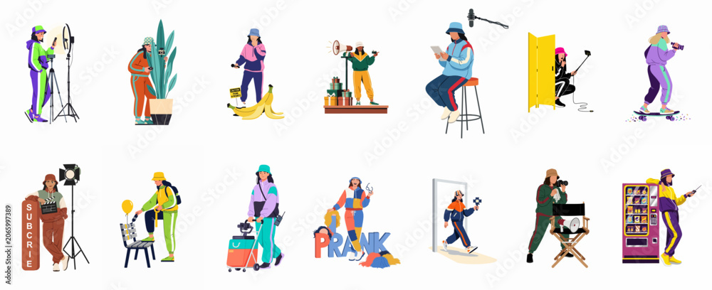 Fototapeta premium Set of Diverse Young Women Characters in Colorful Sportswear Engaging in Video Production, Blogging, and Content Creation Activities