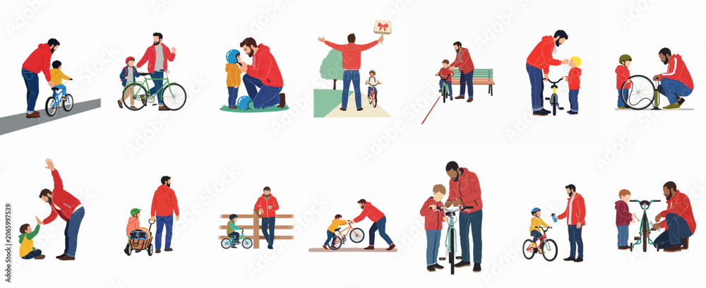 Fototapeta premium Set of illustrations depicting a father and son engaged in various cycling activities, including teaching, learning, maintenance, and bonding moments together.