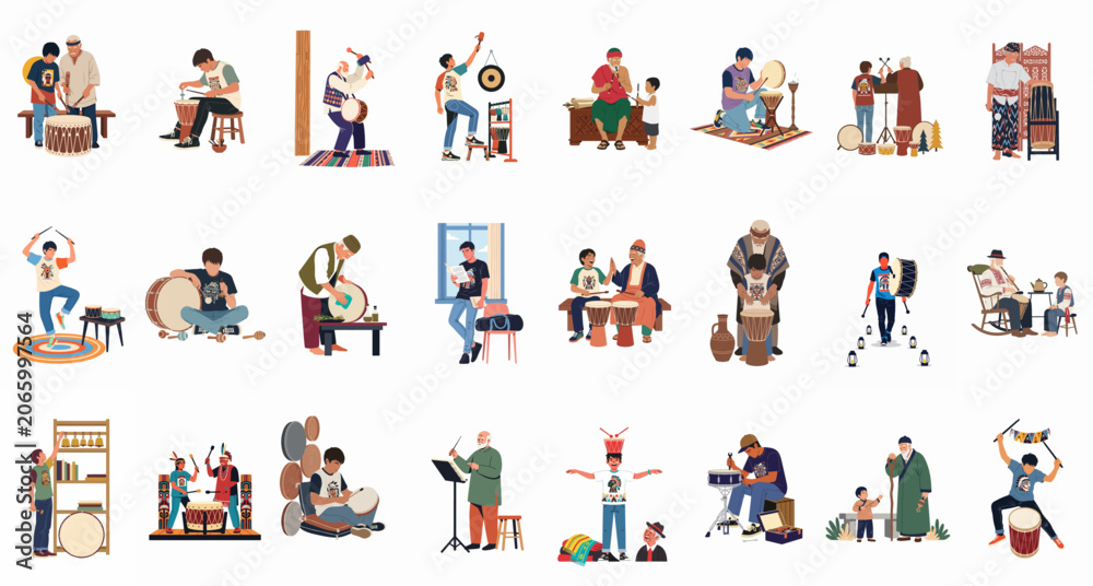Fototapeta premium Diverse collection of characters playing various traditional and modern percussion instruments, depicting cultural heritage and intergenerational music learning on a white background.