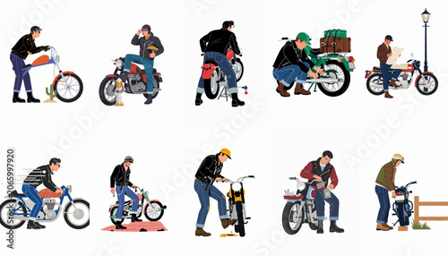 Photography Collection of vintage-style illustrations featuring men in leather jackets with classic motorcycles, engaged in various activities like riding, repairing, and traveling