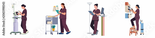 Set of Medical Professionals in Scrubs Performing Various Hospital Duties Including Monitoring Patients, Managing Records, and Organizing Supplies.