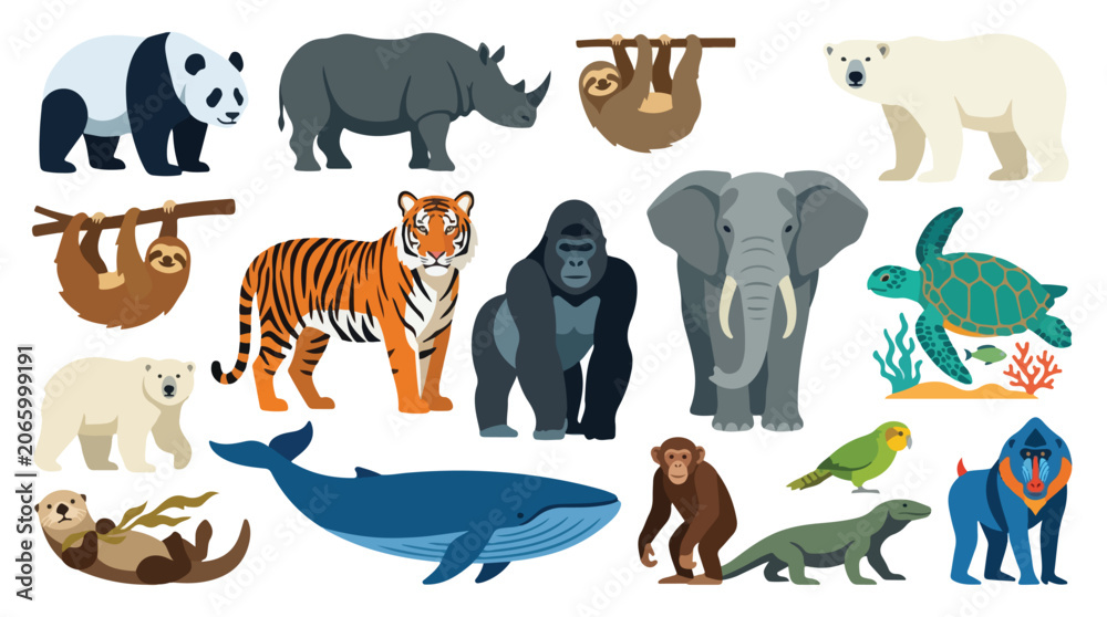 Obraz premium Collection of various wild animal characters including panda tiger elephant and whale in flat vector style.