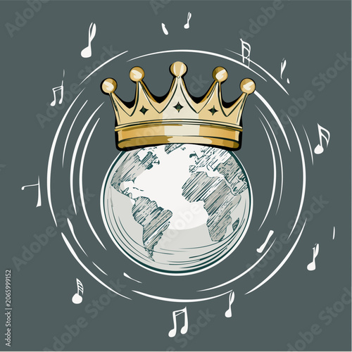 Golden Crown Adorns Earth Globe with Musical Notes.