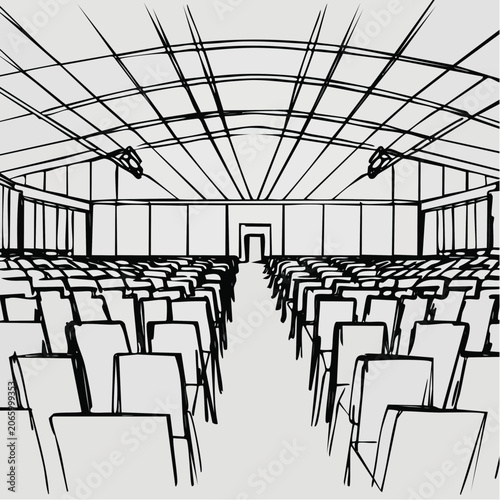 Empty conference hall with rows of chairs ready for an event.