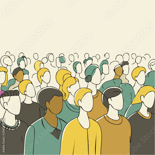 Diverse group of people standing together in a crowd.