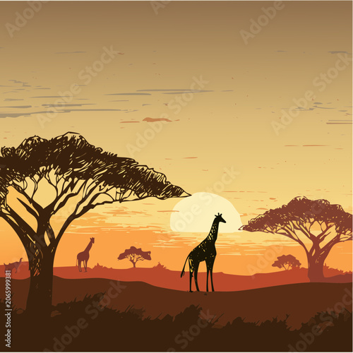 Giraffe silhouetted against a vibrant African sunset.

