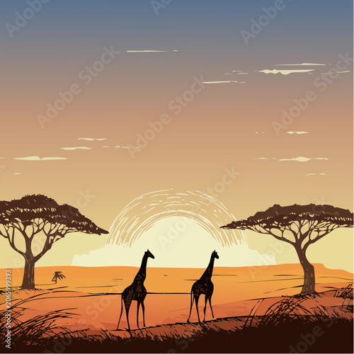 Two giraffes stand by a watering hole in the African savanna at sunset.
