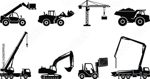 Tableau sur toile Construction Machinery and Heavy Equipment Silhouette Set with Crane Excavator L