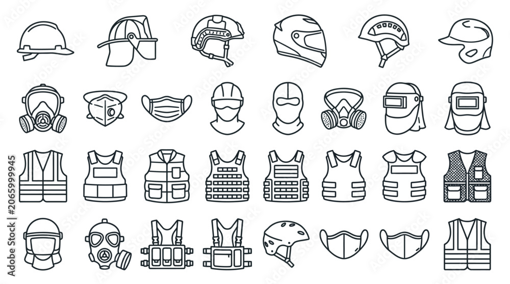 Fototapeta premium Collection of Safety and Protective Gear Icons: Helmets, Vests, Masks, and More