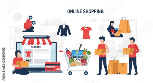 Illustration of People Engaged in Online Shopping Activities.