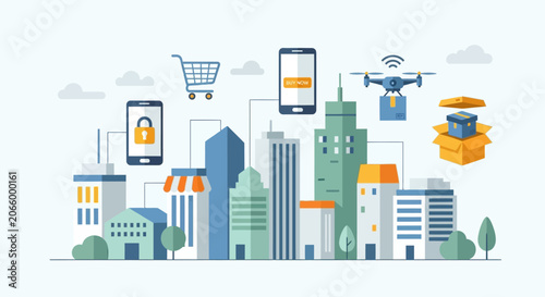 Modern City Life with Technology and Commerce Elements.