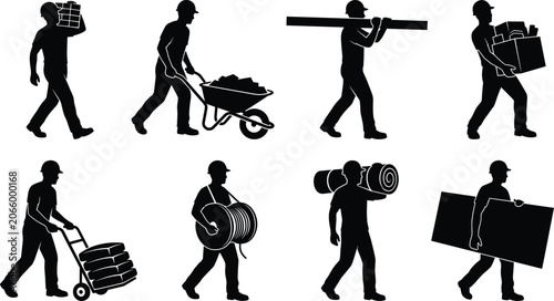 Canvas-taulu Construction Workers Carrying Building Materials Silhouette Set with Manual Labo