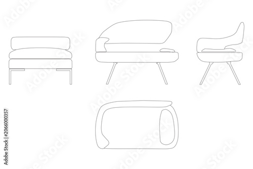 Furniture blueprint set for interior design featuring outline drawing of contemporary lounge chair sofa and bench.