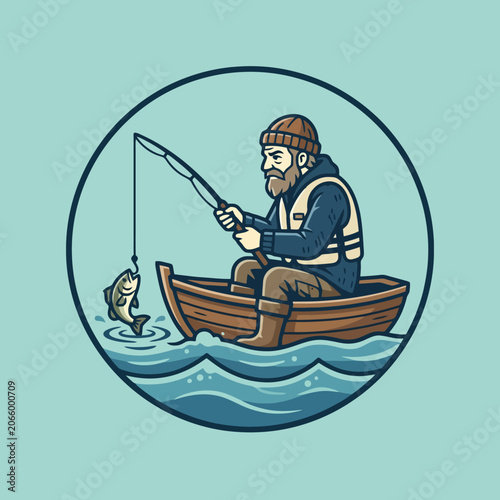 Canvas Print A bearded fisherman catches a fish from a small wooden boat