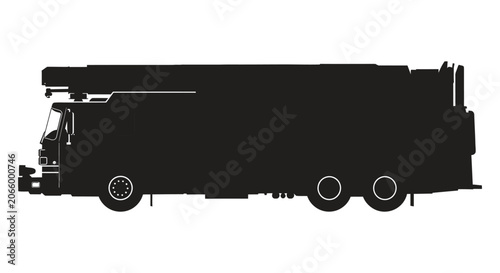 A silhouette of a fire truck with its ladder extended is shown in profile.