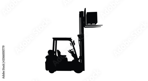 A black silhouette of a forklift carrying a box on its forks is shown against a white background.