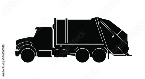 A black silhouette of a garbage truck is shown against a white background.