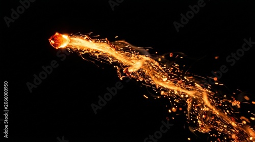 Sparkling trail of fire and sparks on a black background