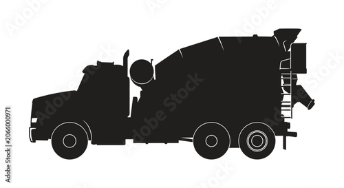 A silhouette of a cement mixer truck is shown against a white background.