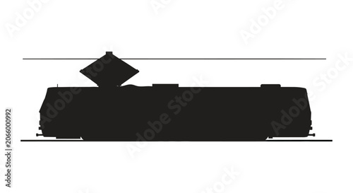 A silhouette of a tram with a pantograph is shown against a white background.