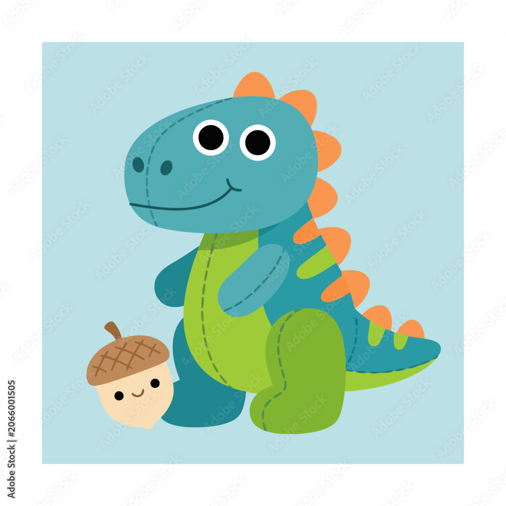 Obraz premium A cute plush dinosaur toy sits next to a small happy acorn