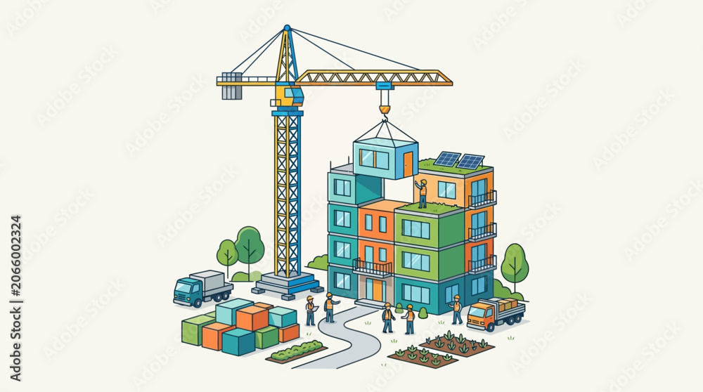 Fototapeta premium Isometric Modular Construction Site Illustration with Crane and Sustainable Prefabricated Building Modules